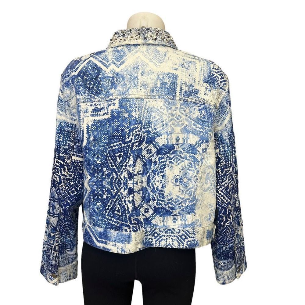 Chico’s‎ Mixed Artisan Pattern Beaded Cropped Jean Jacket in Mysterious Blue XL - Picture 5 of 12